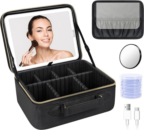 Travel Makeup Bag with LED Mirror, Portable Cosmetic Organizer with Adjustable Dividers